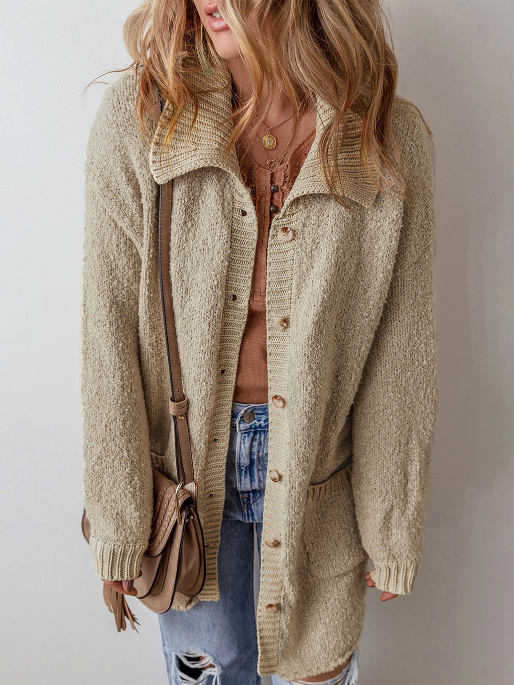 Collared Longline Button Cardigan with Pockets - Khaki - 4