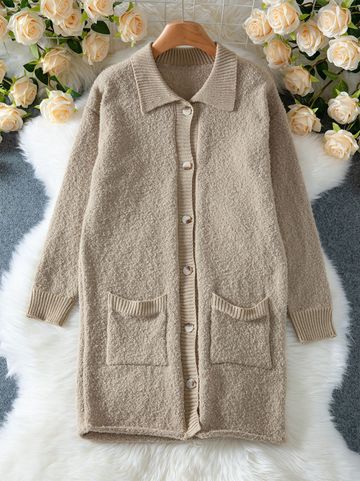 Collared Longline Button Cardigan with Pockets - Khaki - 5