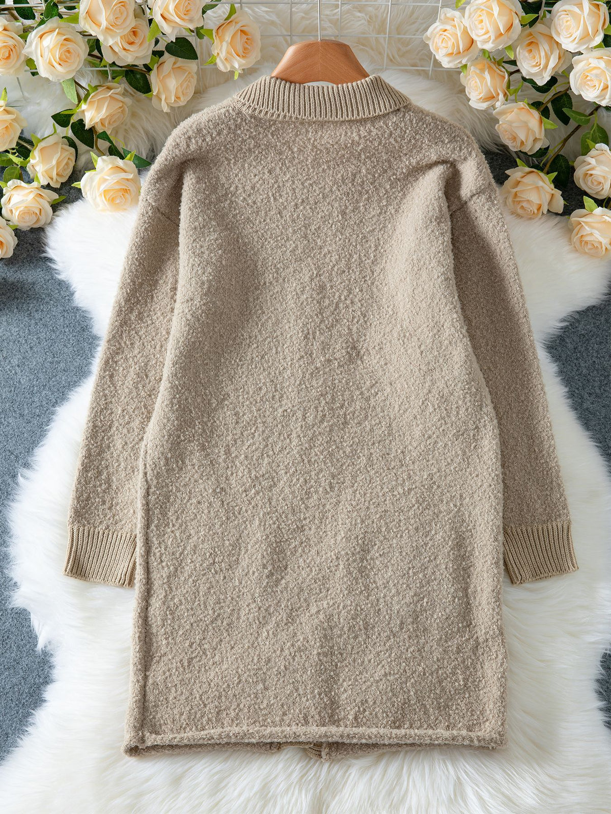 Collared Longline Button Cardigan with Pockets - Khaki - 6