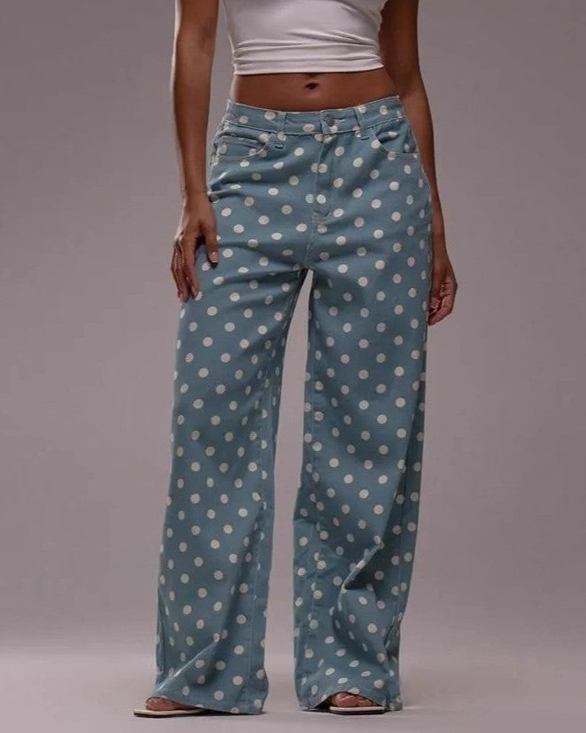 Polka Dot Wide Leg Loose Fit Jeans - Blue