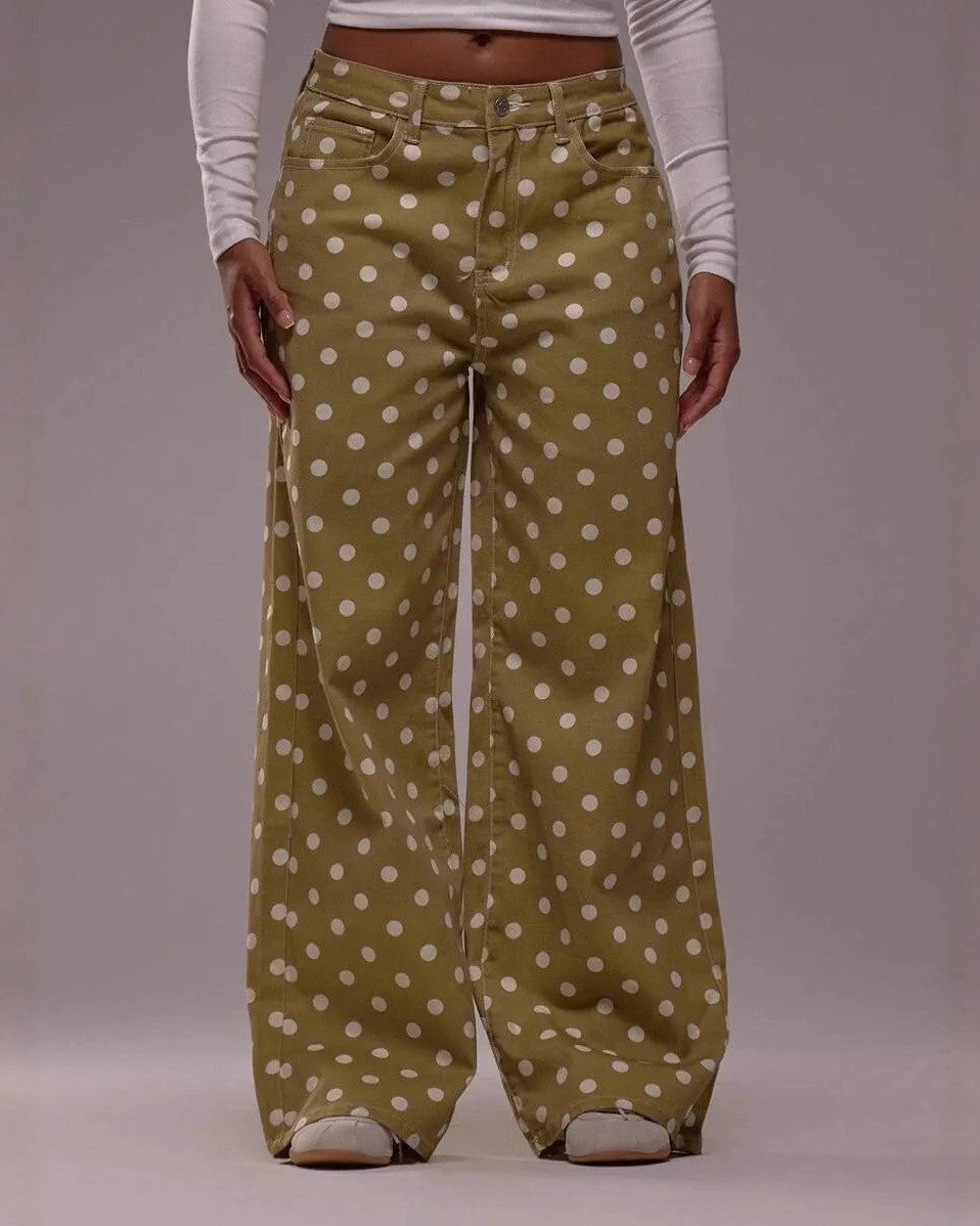 Polka Dot Wide Leg Loose Fit Jeans - Brown