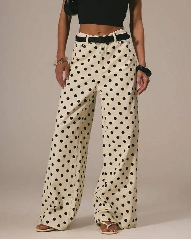 Polka Dot Wide Leg Loose Fit Jeans - Off-White