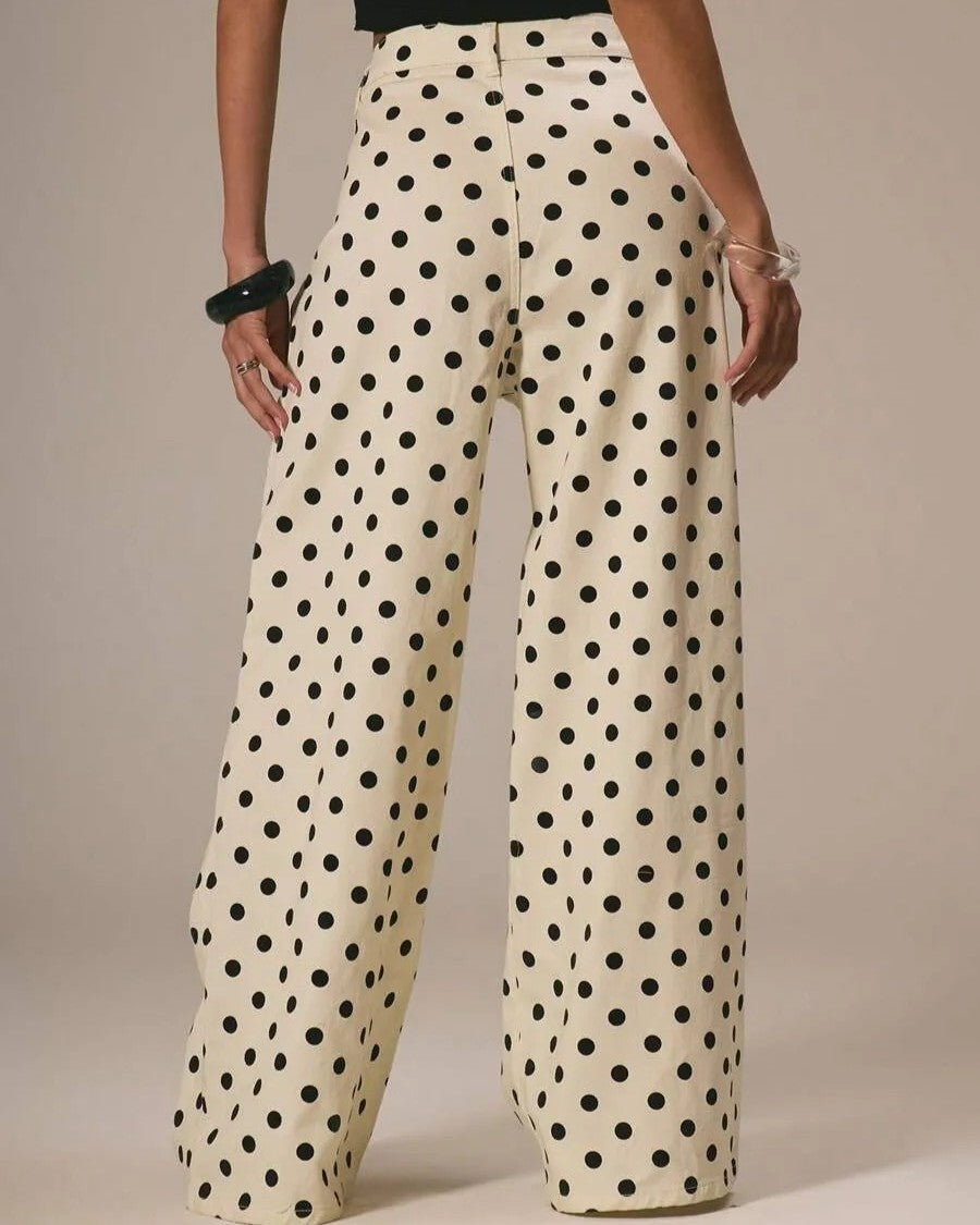 Polka Dot Wide Leg Loose Fit Jeans - Off-White - 1