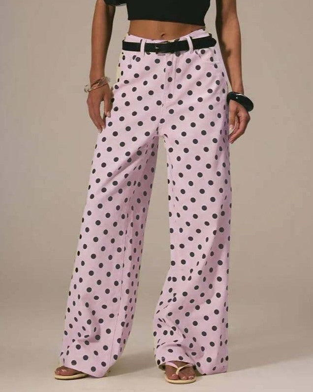 Polka Dot Wide Leg Loose Fit Jeans - Pink - 1