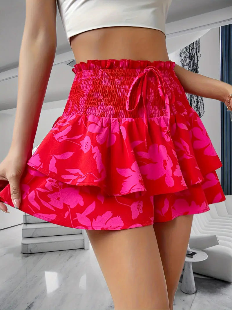 Smocked Waist Tiered Ruffle Mini Skirt - RoseRed