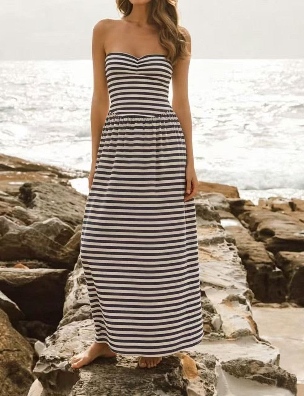 Strapless Striped Maxi Dress With Cinched Waist - Black