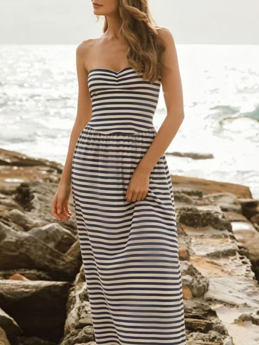 Strapless Striped Maxi Dress With Cinched Waist - Black - 1