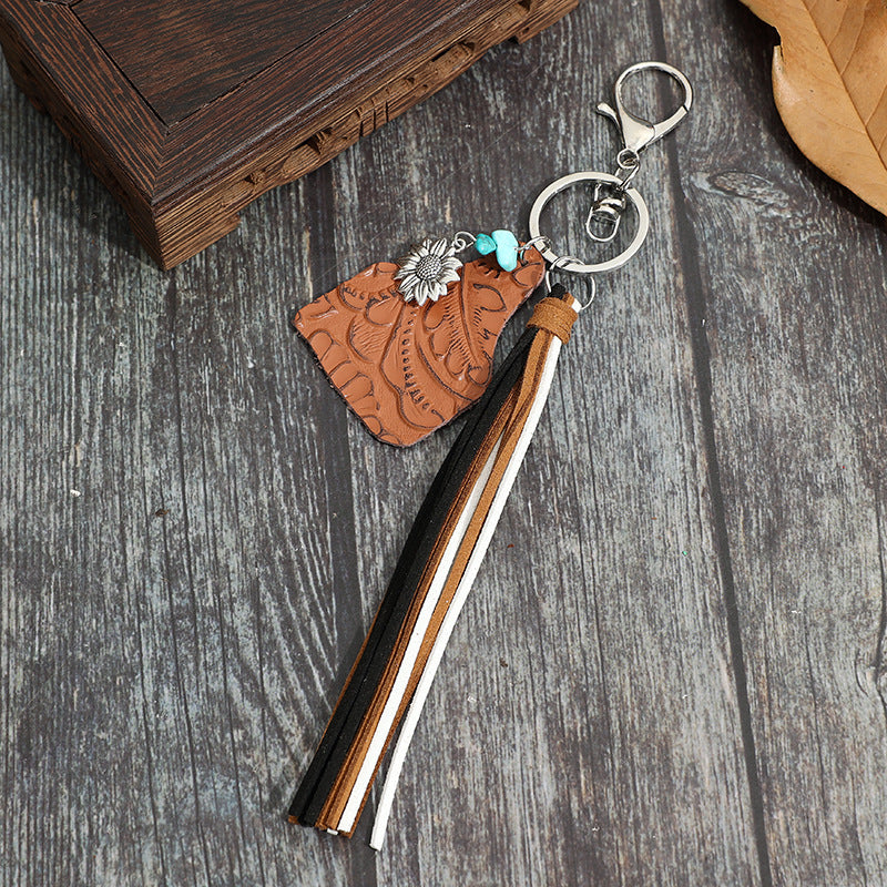 Western Cowhide Tassel Keychain Bag Charm - Brown