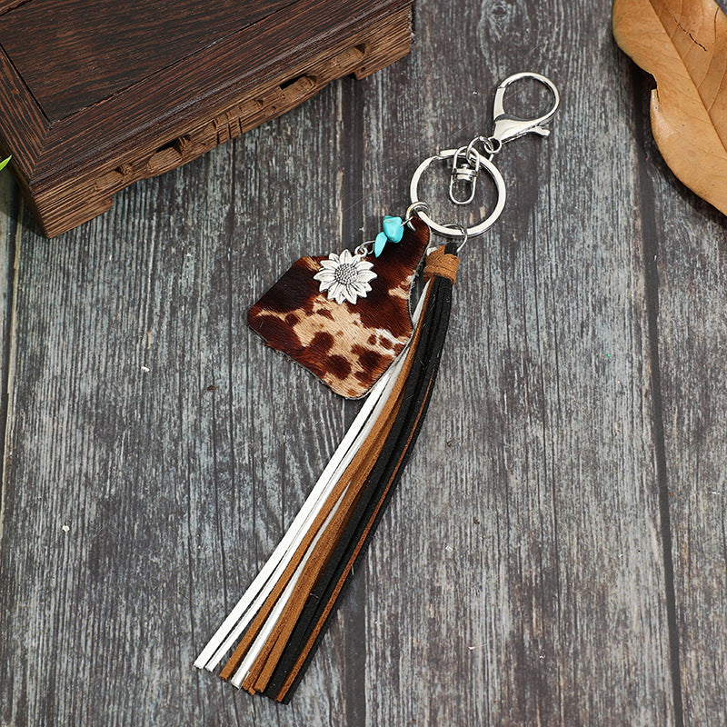 Western Cowhide Tassel Keychain Bag Charm - Cow_B