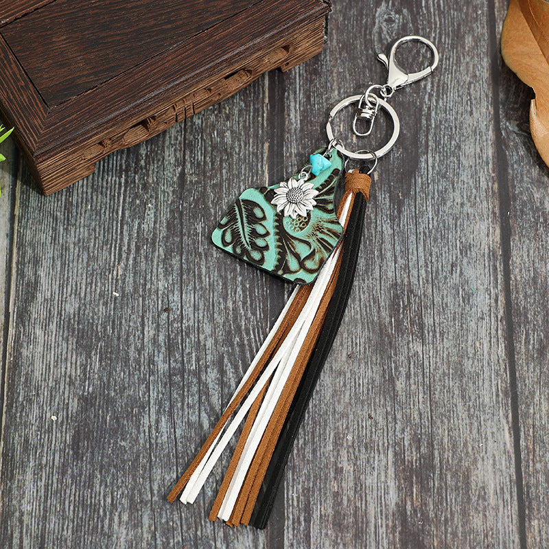 Western Cowhide Tassel Keychain Bag Charm - Green