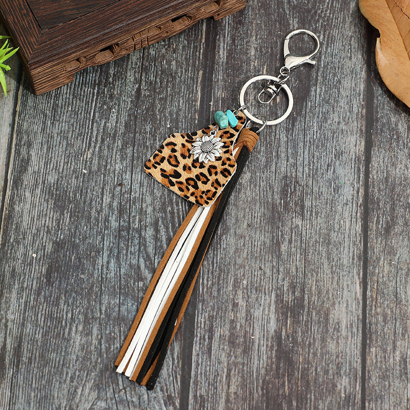 Western Cowhide Tassel Keychain Bag Charm - Leopard