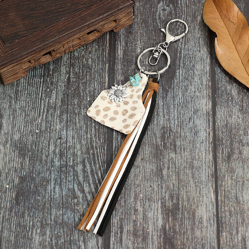 Western Cowhide Tassel Keychain Bag Charm - White - 1
