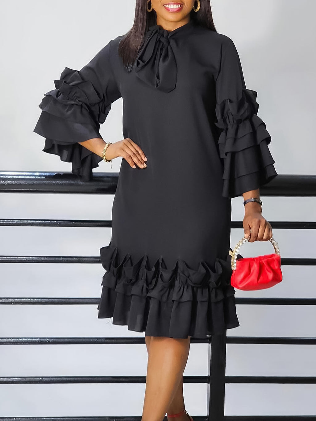 Tie Neck Ruffle Sleeve Shift Midi Dress - Black - 1