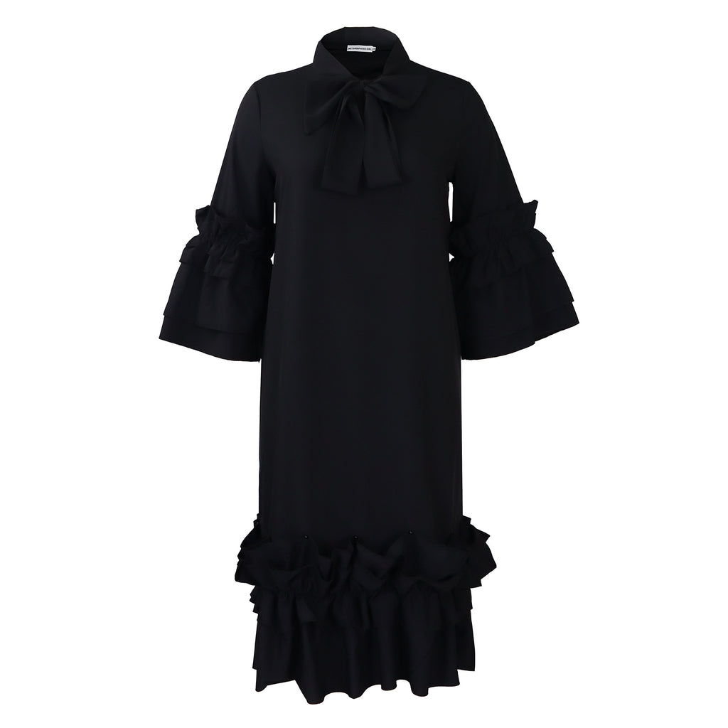 Tie Neck Ruffle Sleeve Shift Midi Dress - Black - 2