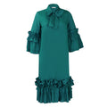 Tie Neck Ruffle Sleeve Shift Midi Dress - Green
