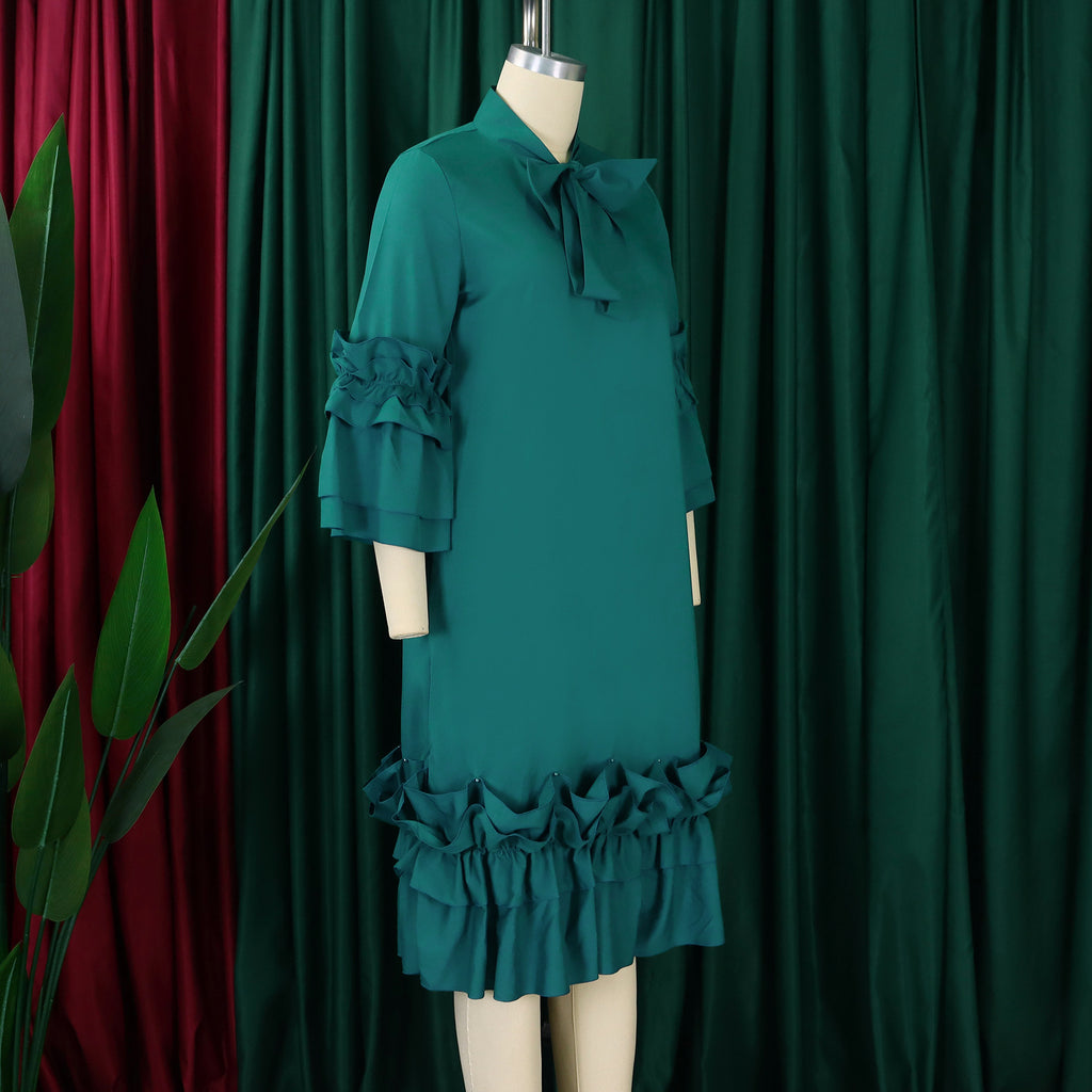 Tie Neck Ruffle Sleeve Shift Midi Dress - Green - 1
