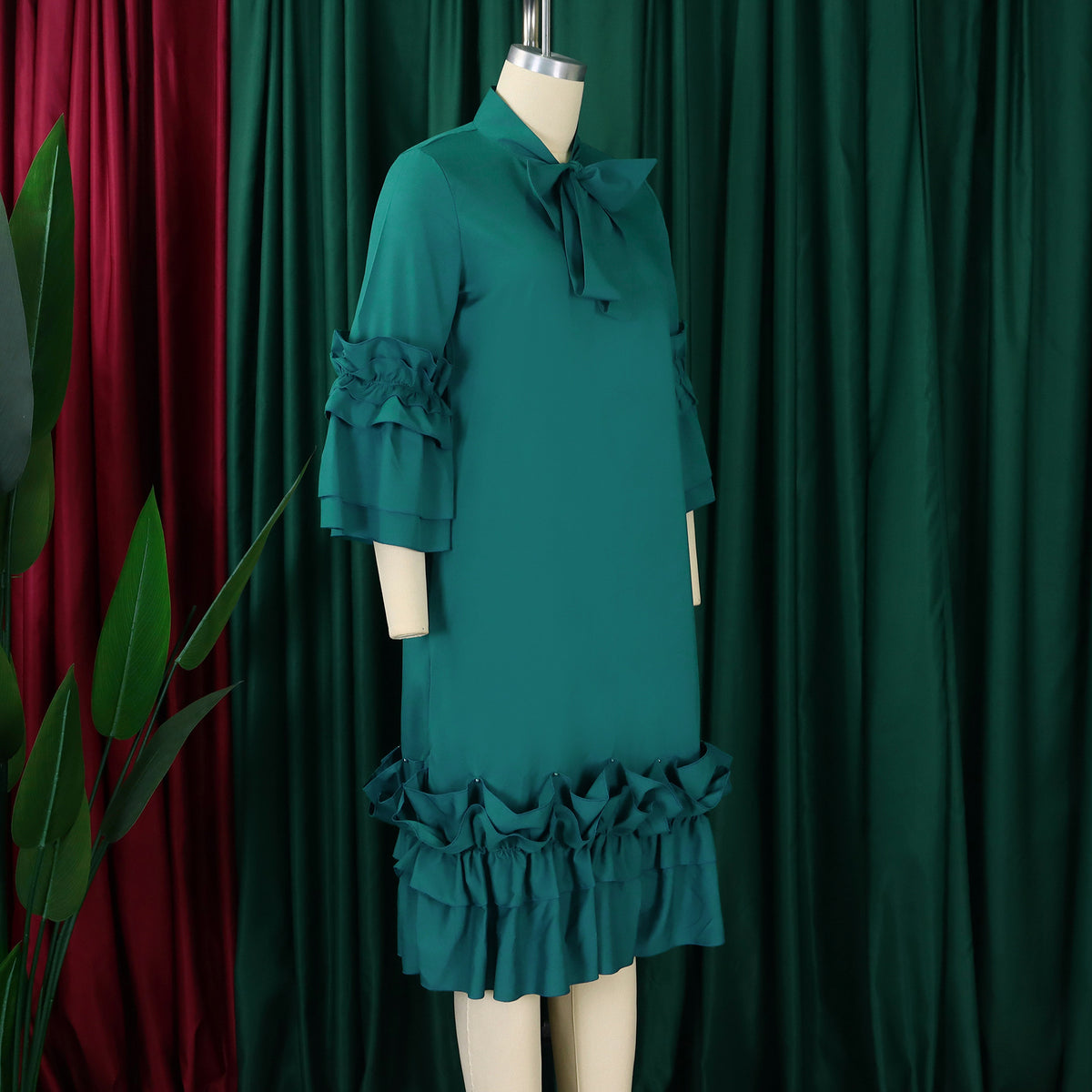 Tie Neck Ruffle Sleeve Shift Midi Dress - Green - 1