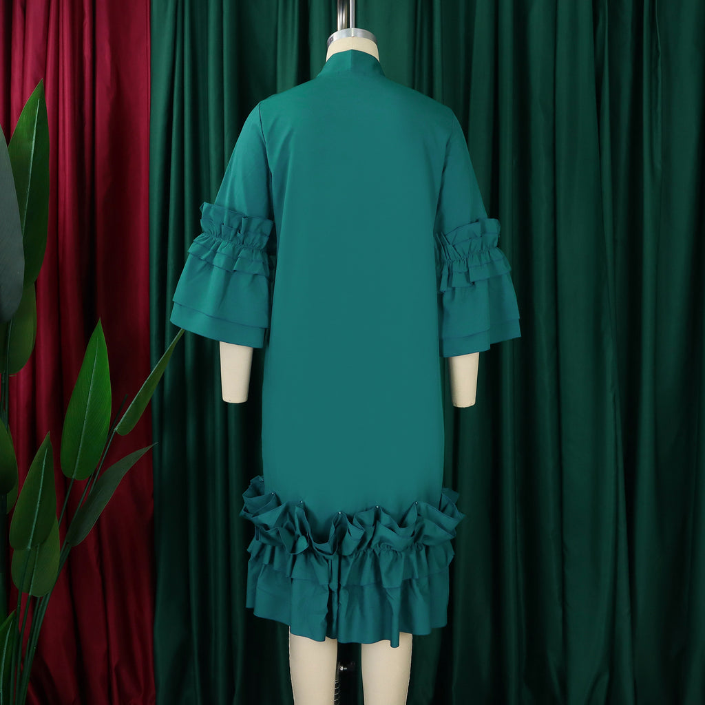 Tie Neck Ruffle Sleeve Shift Midi Dress - Green - 2