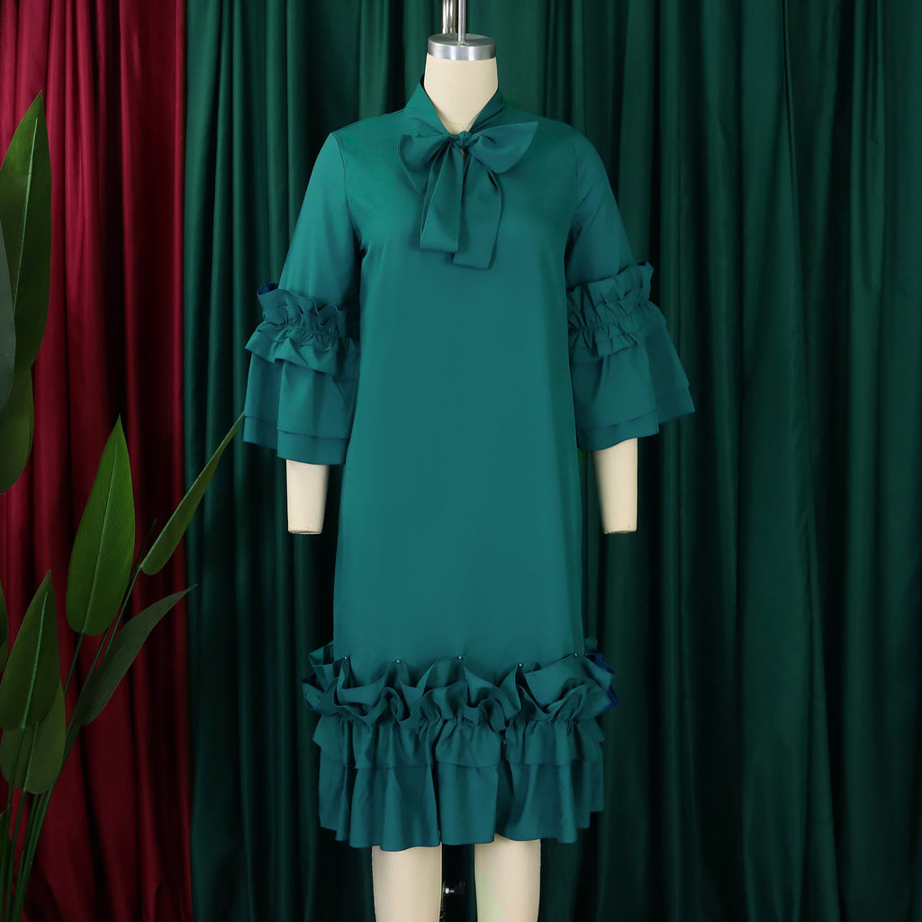 Tie Neck Ruffle Sleeve Shift Midi Dress - Green - 5
