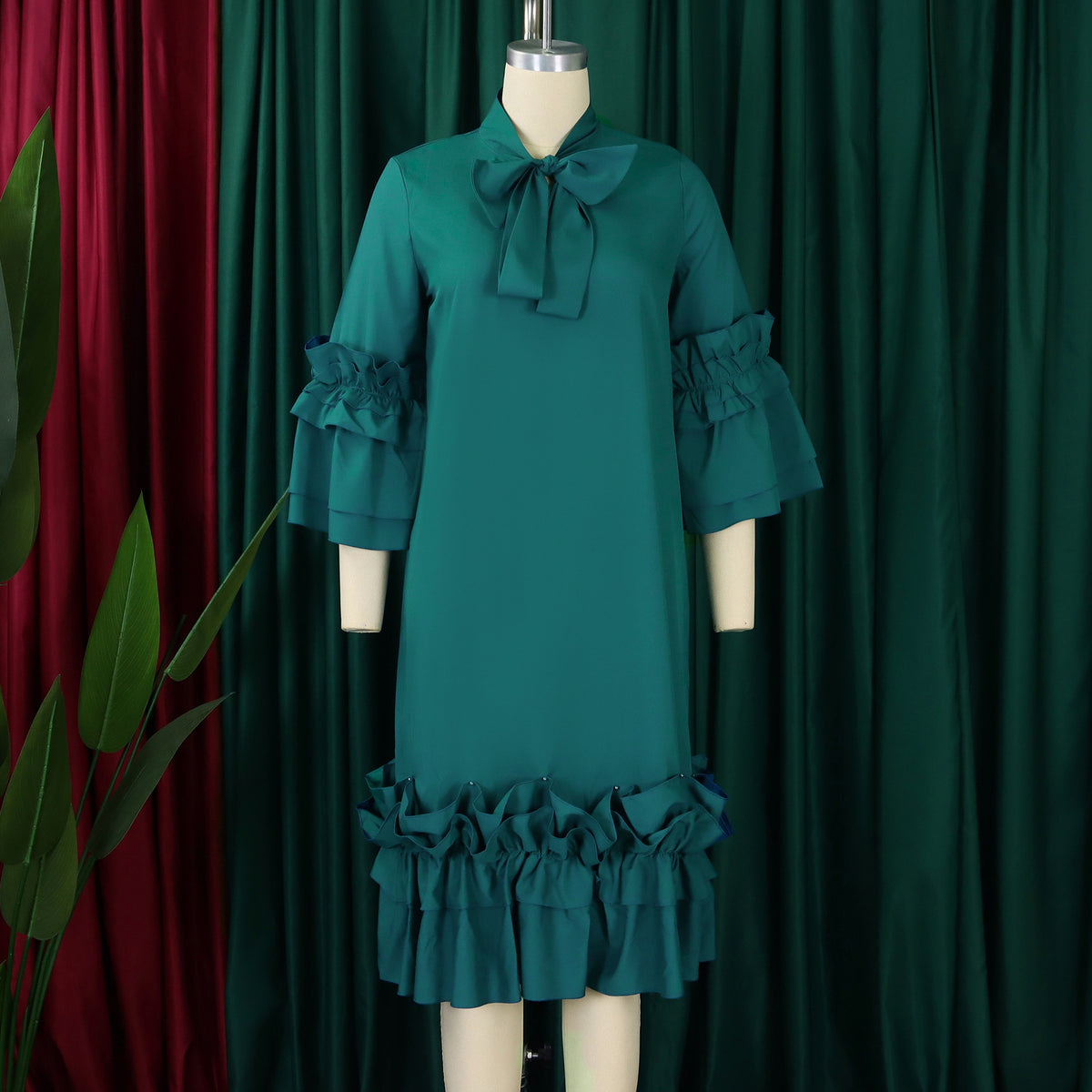 Tie Neck Ruffle Sleeve Shift Midi Dress - Green - 5