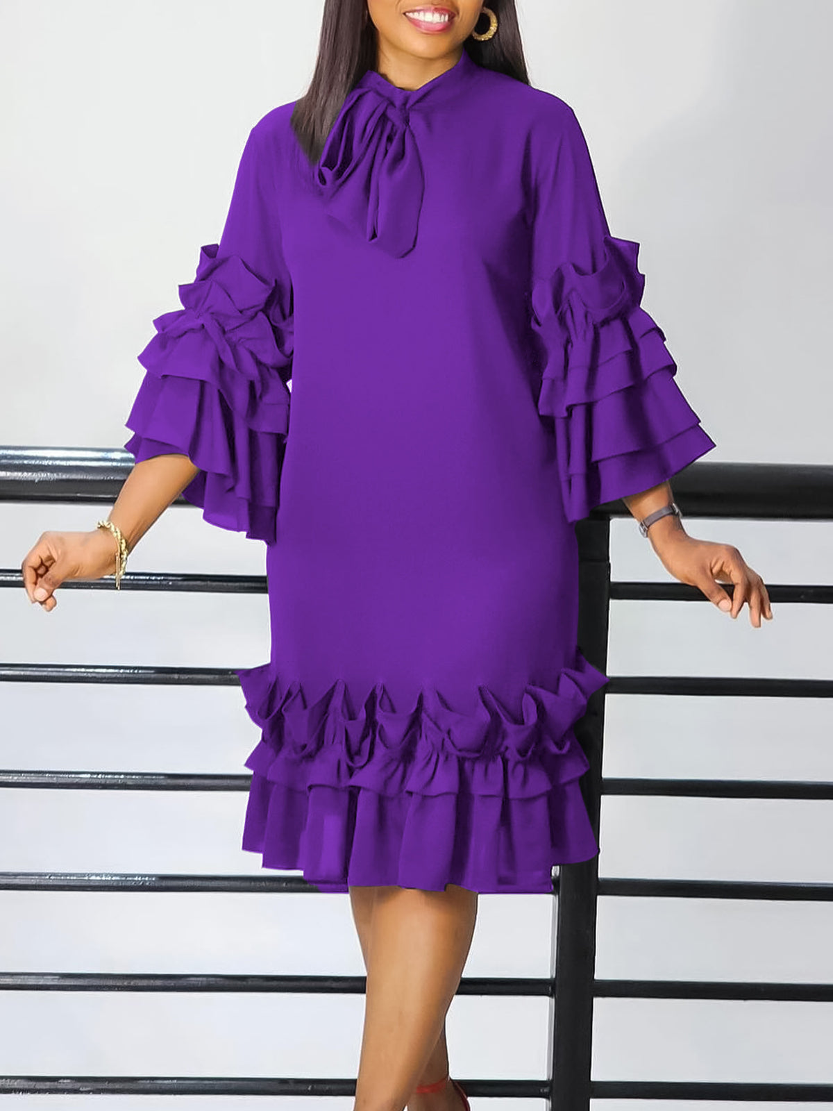 Tie Neck Ruffle Sleeve Shift Midi Dress - Purple