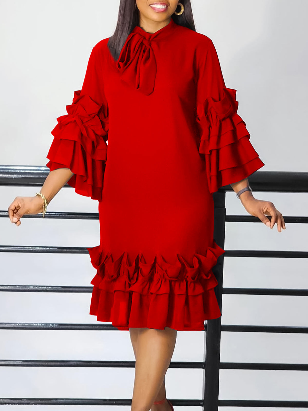Tie Neck Ruffle Sleeve Shift Midi Dress - Red