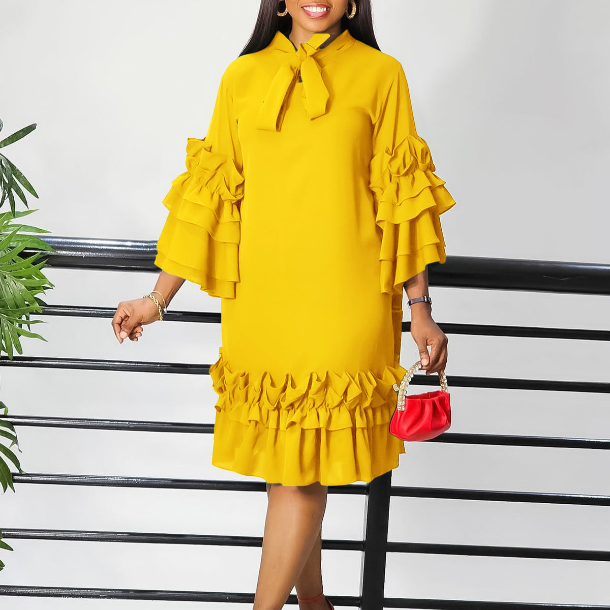 Tie Neck Ruffle Sleeve Shift Midi Dress - Yellow