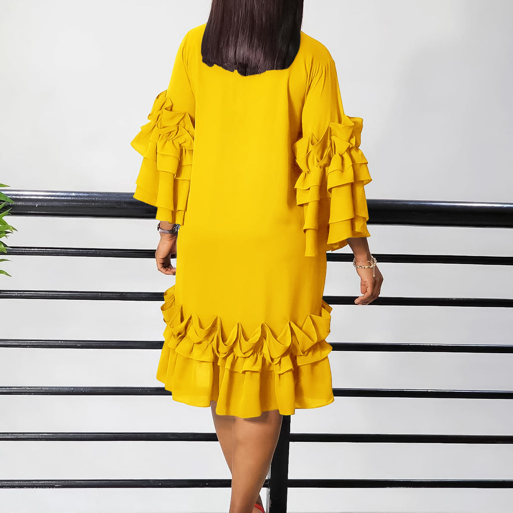 Tie Neck Ruffle Sleeve Shift Midi Dress - Yellow - 1