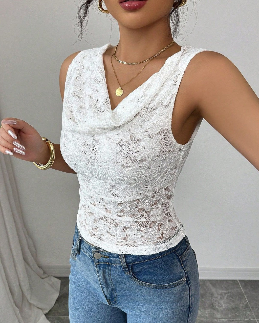 Sheer Lace Draped Neck Tank Top - White - 2