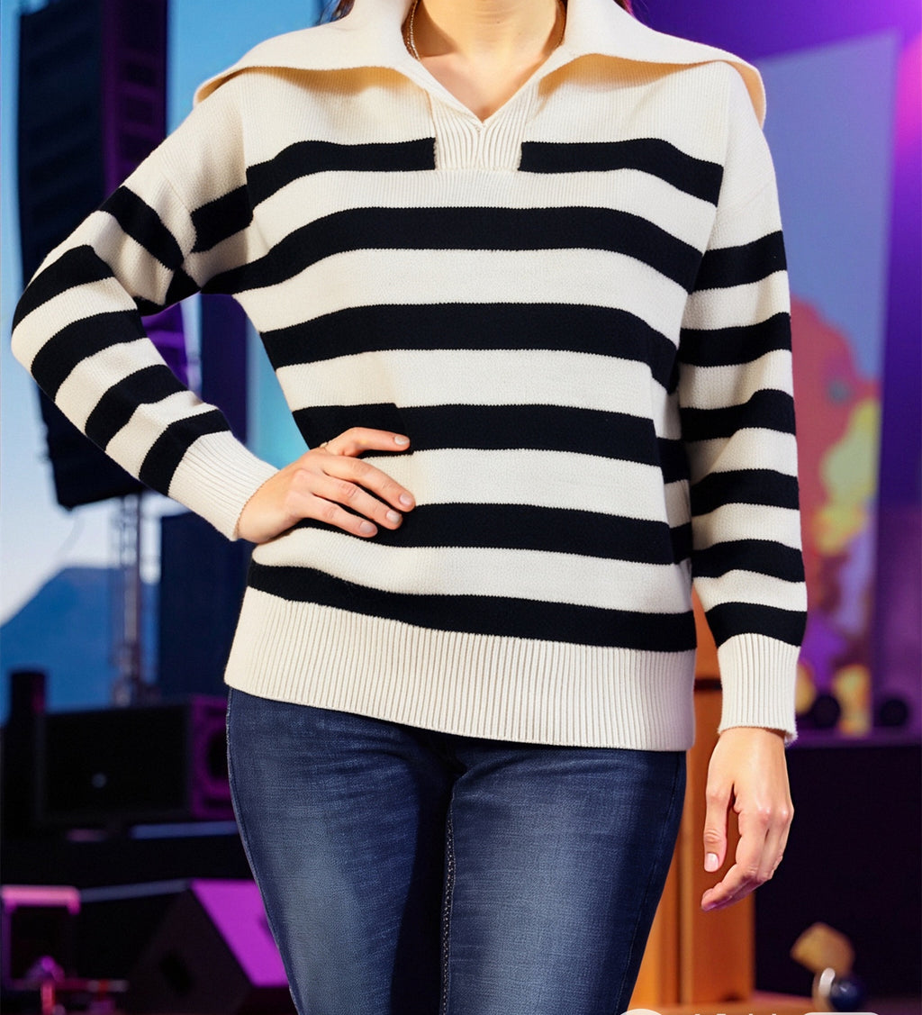 Breton Stripe Oversized Collar Knit Sweater - Apricot - 1