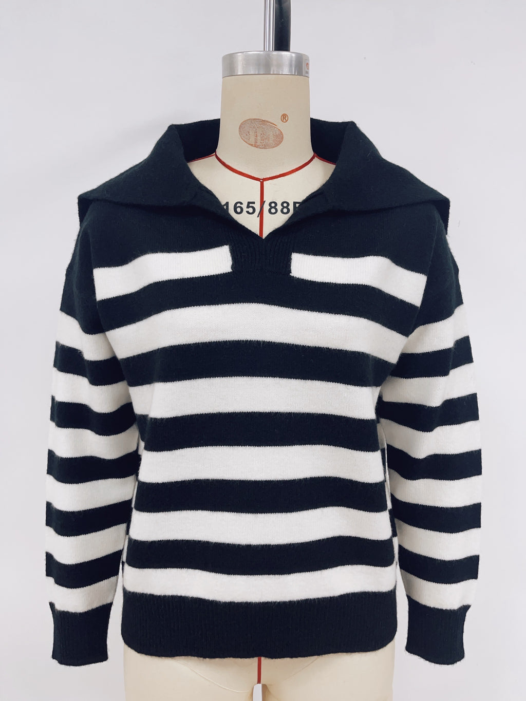 Breton Stripe Oversized Collar Knit Sweater - Black