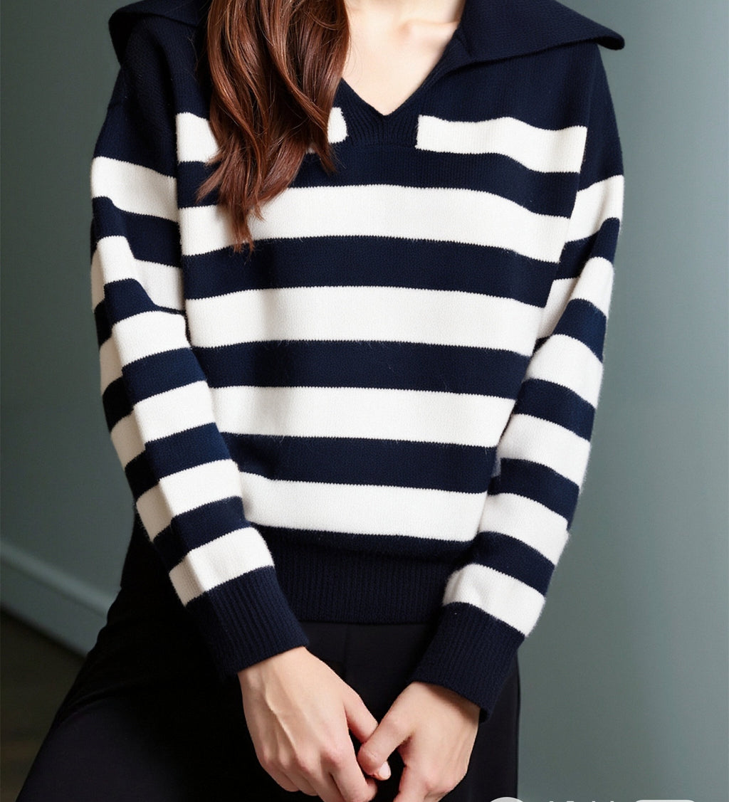 Breton Stripe Oversized Collar Knit Sweater - Black - 1