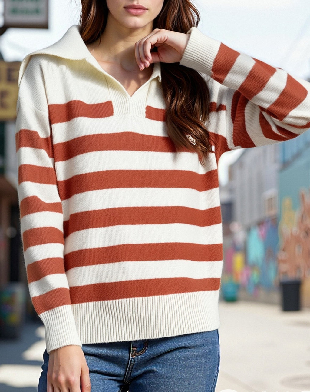 Breton Stripe Oversized Collar Knit Sweater - Orange