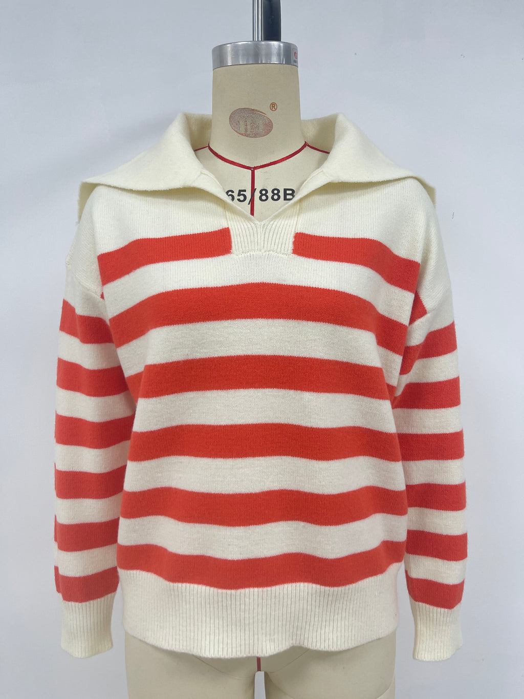 Breton Stripe Oversized Collar Knit Sweater - Orange - 1