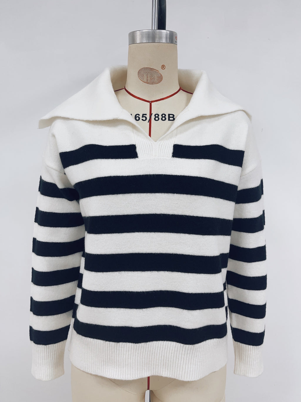 Breton Stripe Oversized Collar Knit Sweater - White