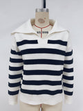 Breton Stripe Oversized Collar Knit Sweater - White