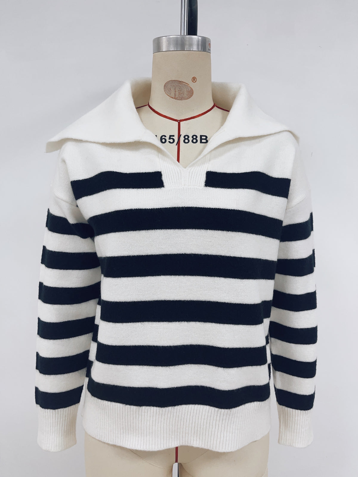 Breton Stripe Oversized Collar Knit Sweater - White