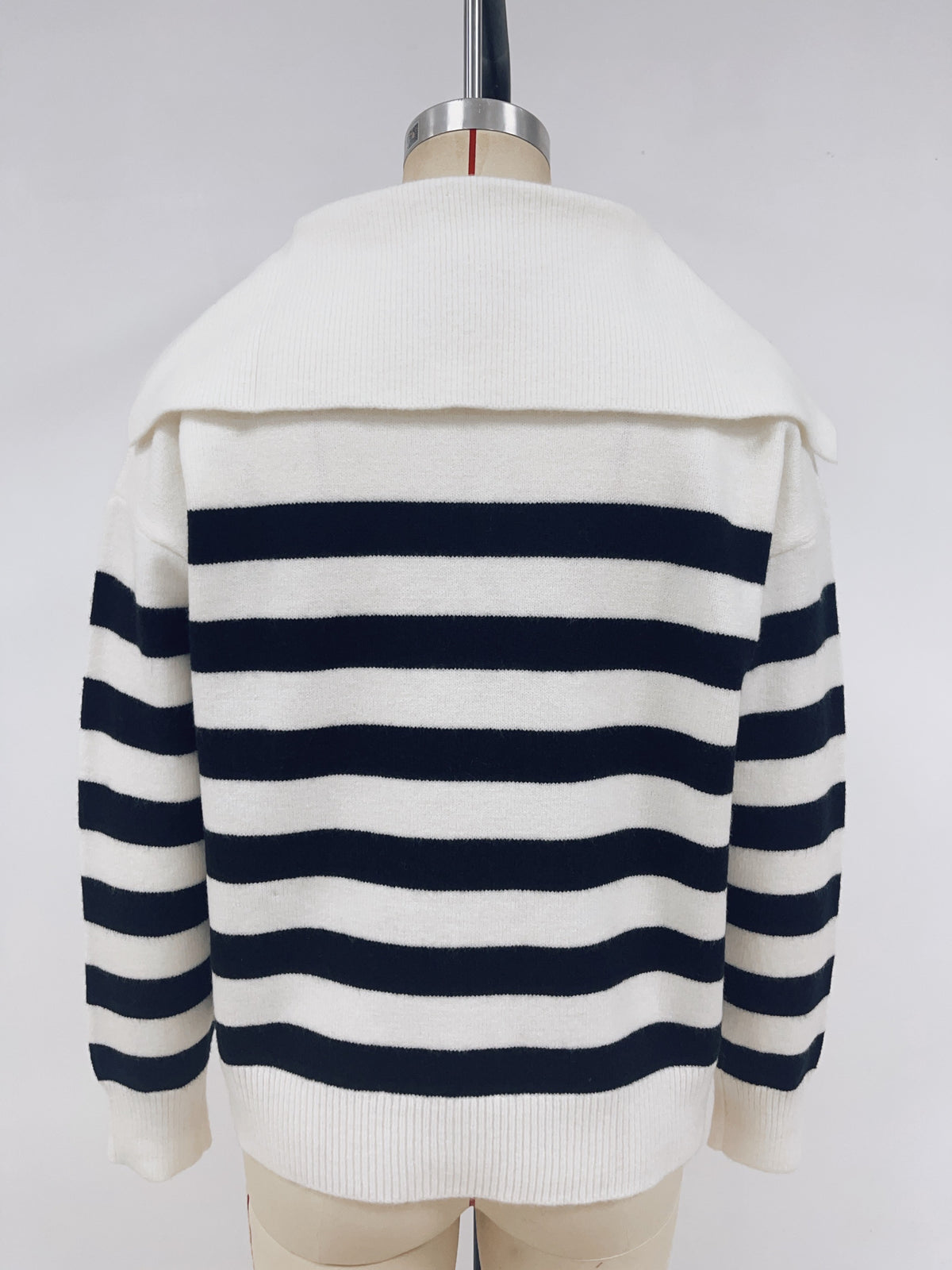 Breton Stripe Oversized Collar Knit Sweater - White - 1