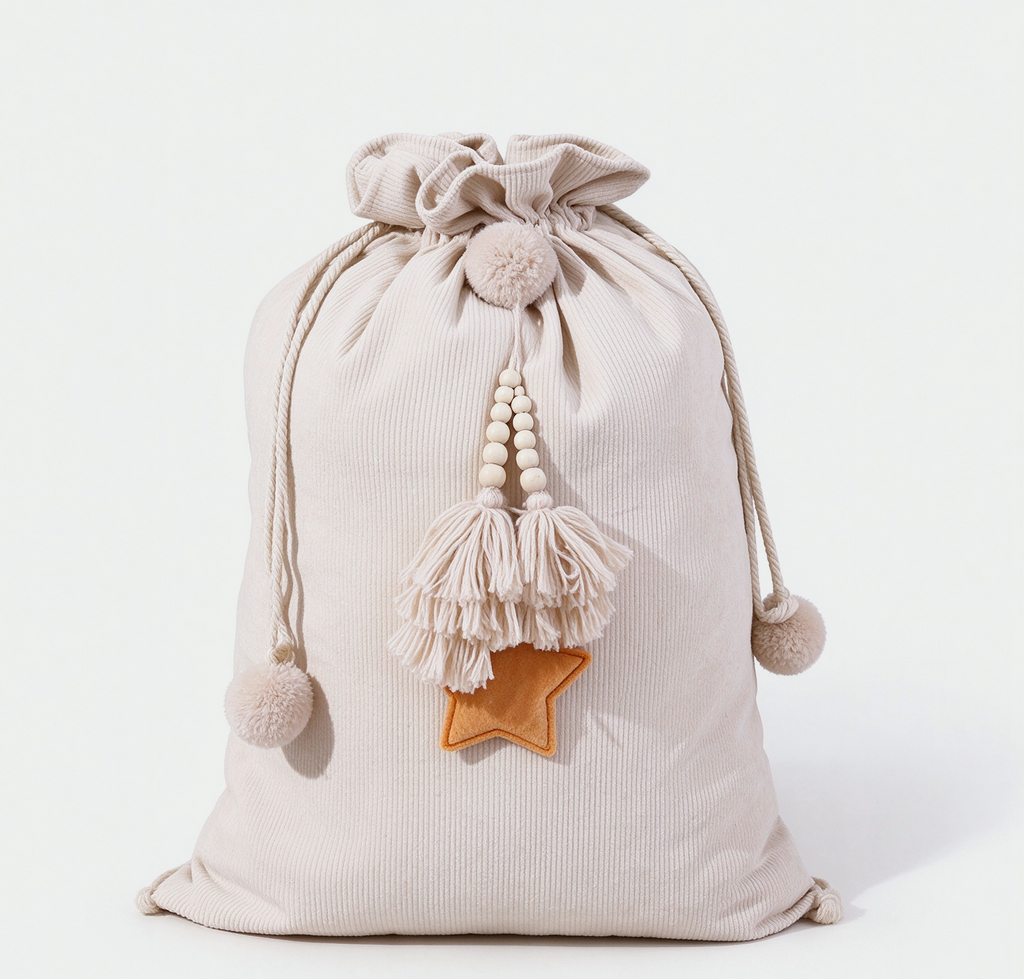 Drawstring Santa Sack With Beaded Star Tassel - Beige