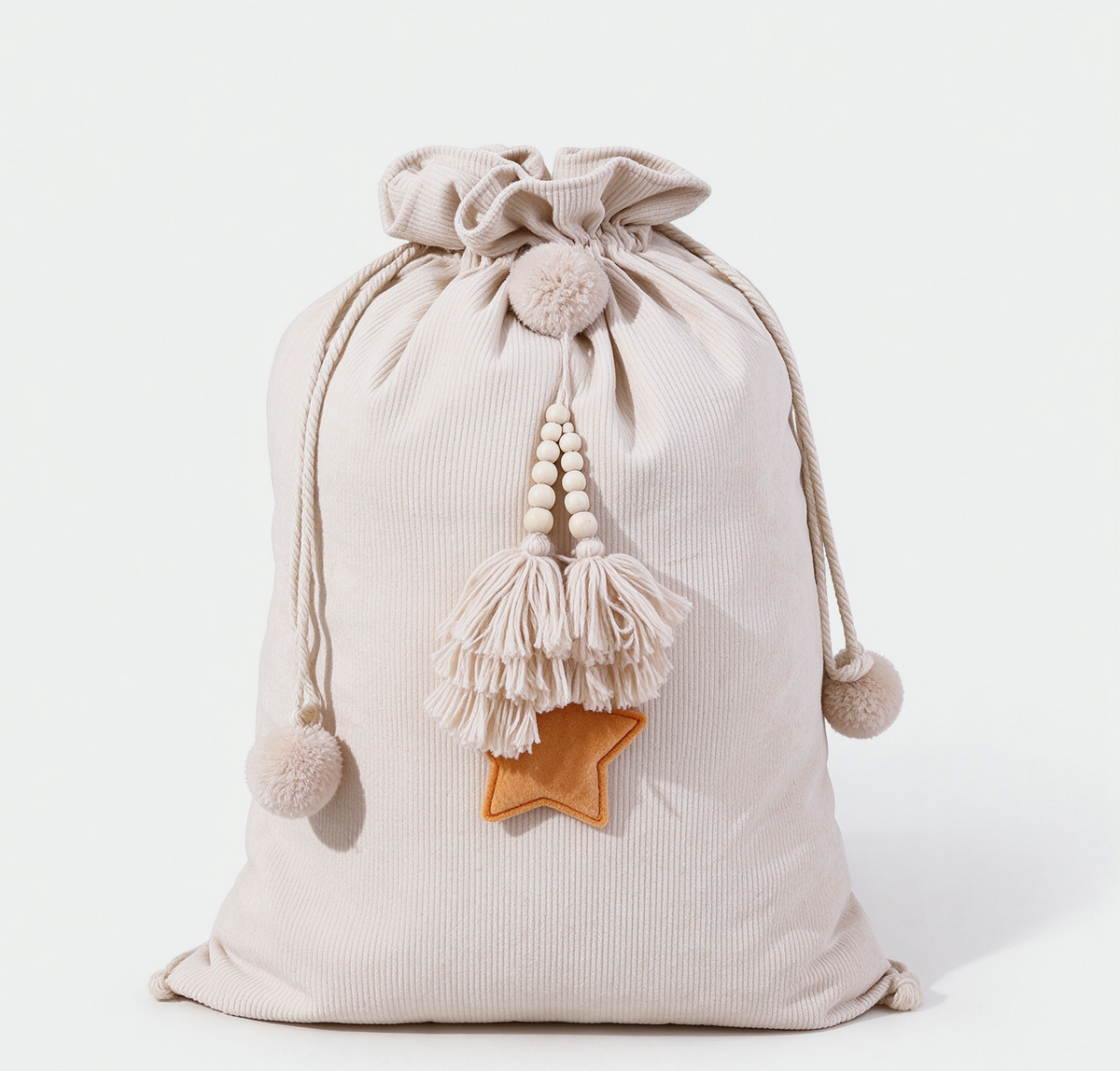 Drawstring Santa Sack With Beaded Star Tassel - Beige