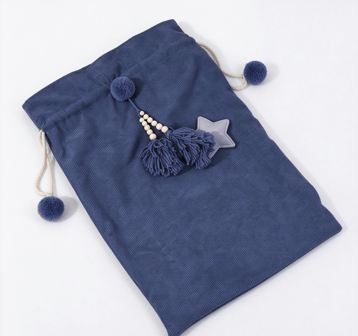 Drawstring Santa Sack With Beaded Star Tassel - NavyBlue - 1