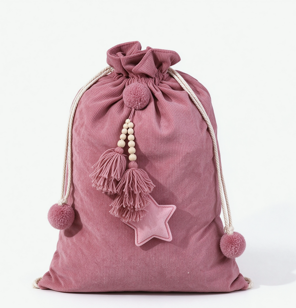 Drawstring Santa Sack With Beaded Star Tassel - Pink
