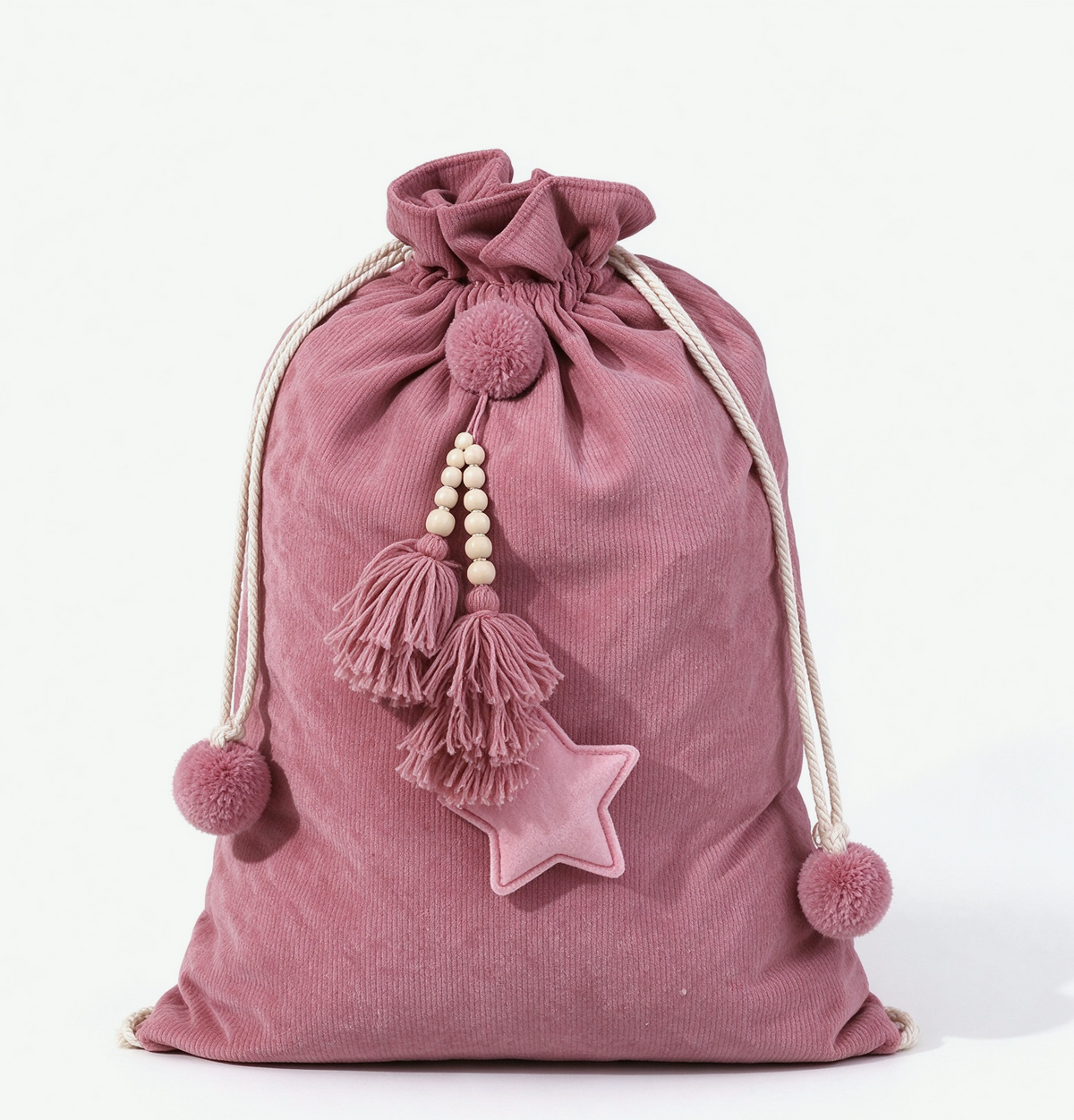 Drawstring Santa Sack With Beaded Star Tassel - Pink