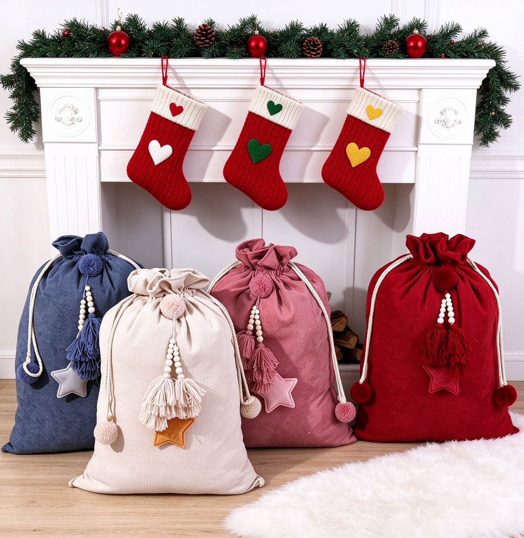 Drawstring Santa Sack With Beaded Star Tassel - Pink - 1