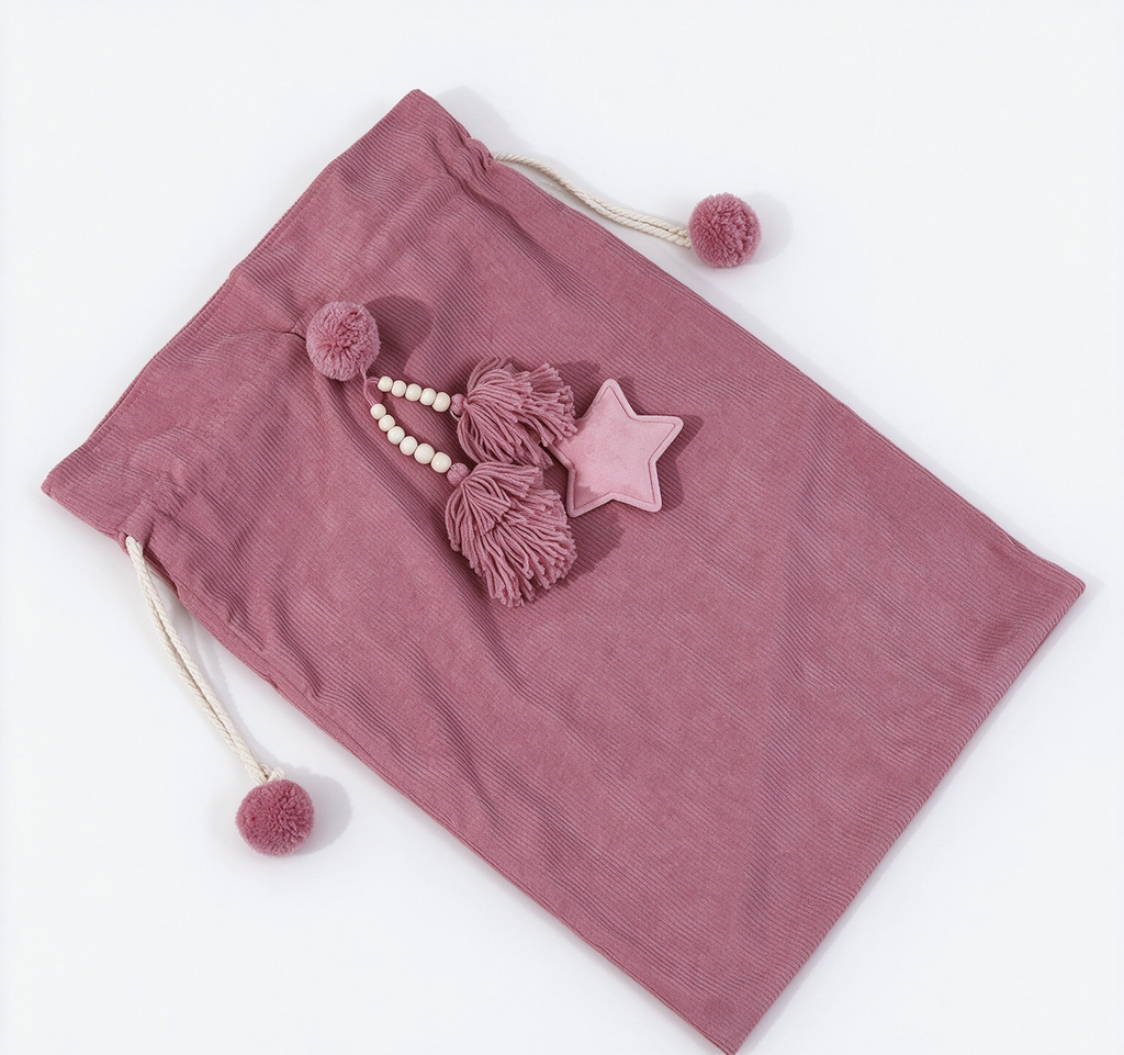 Drawstring Santa Sack With Beaded Star Tassel - Pink - 2