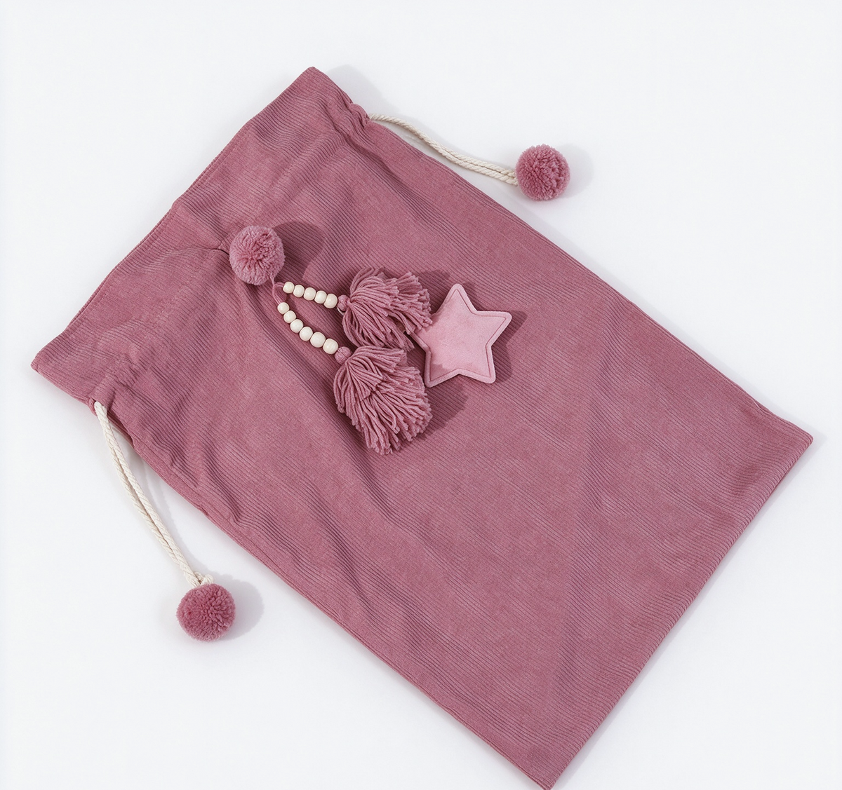 Drawstring Santa Sack With Beaded Star Tassel - Pink - 2