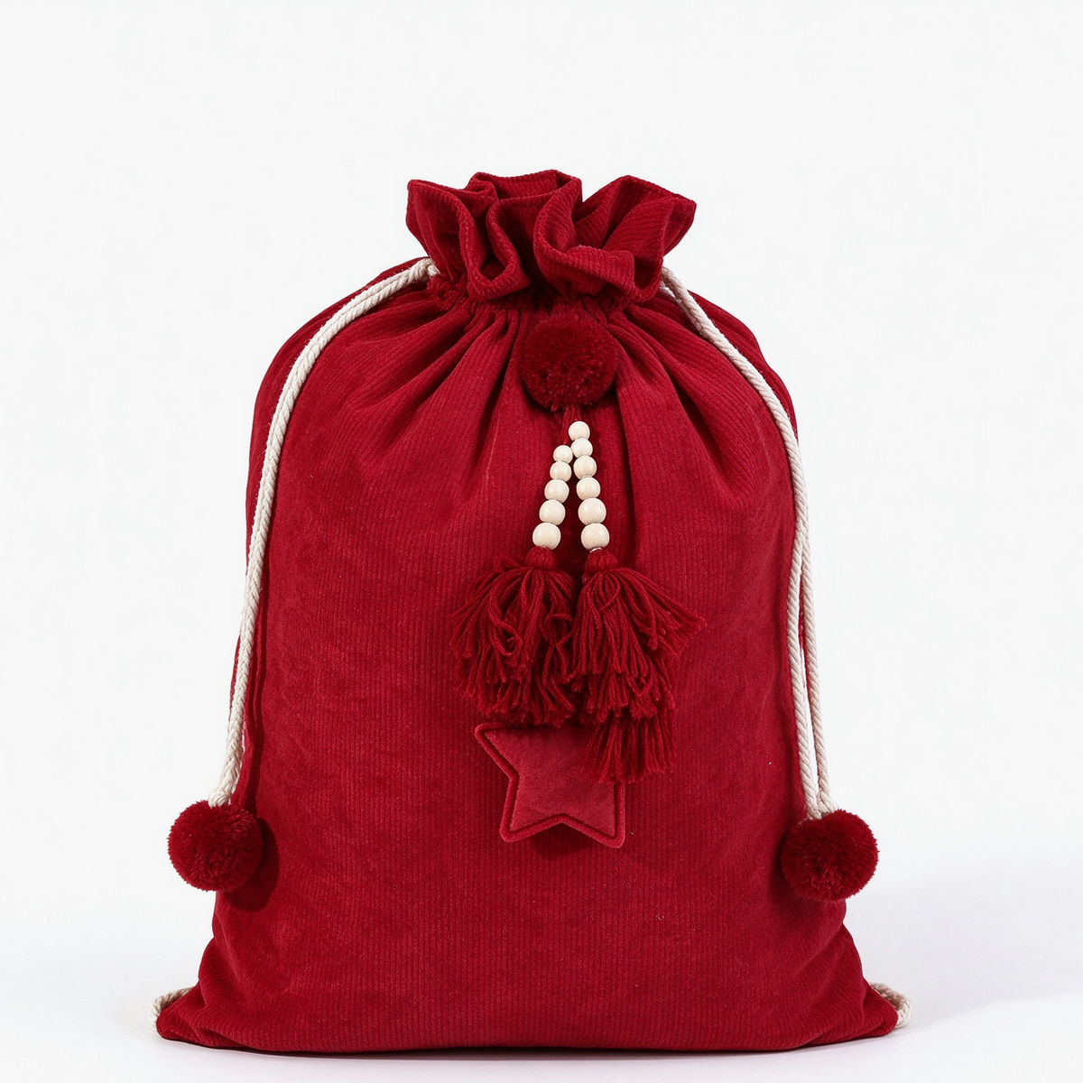Drawstring Santa Sack With Beaded Star Tassel - Red