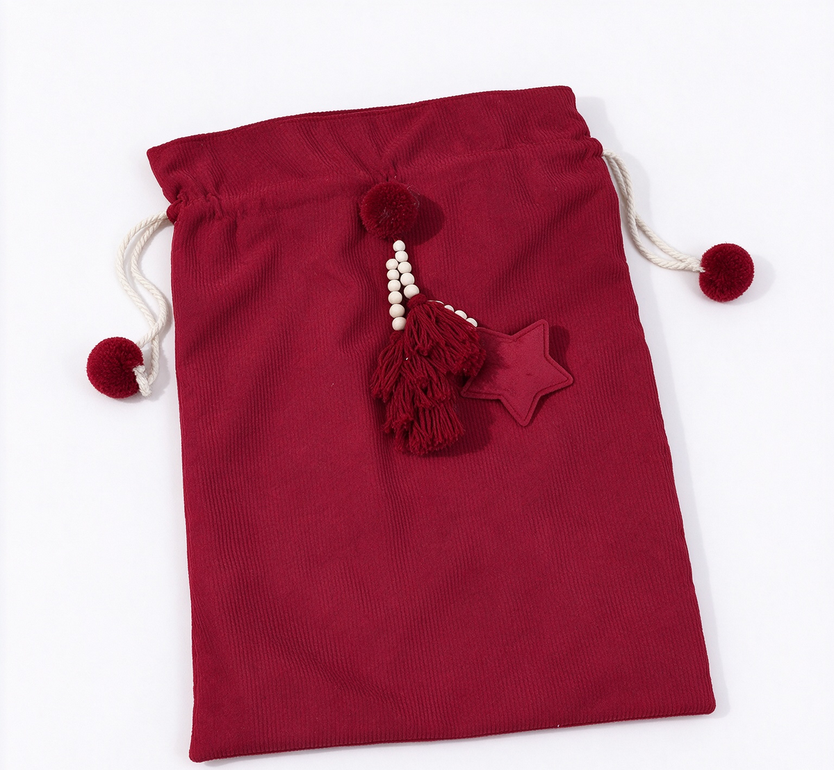 Drawstring Santa Sack With Beaded Star Tassel - Red - 2
