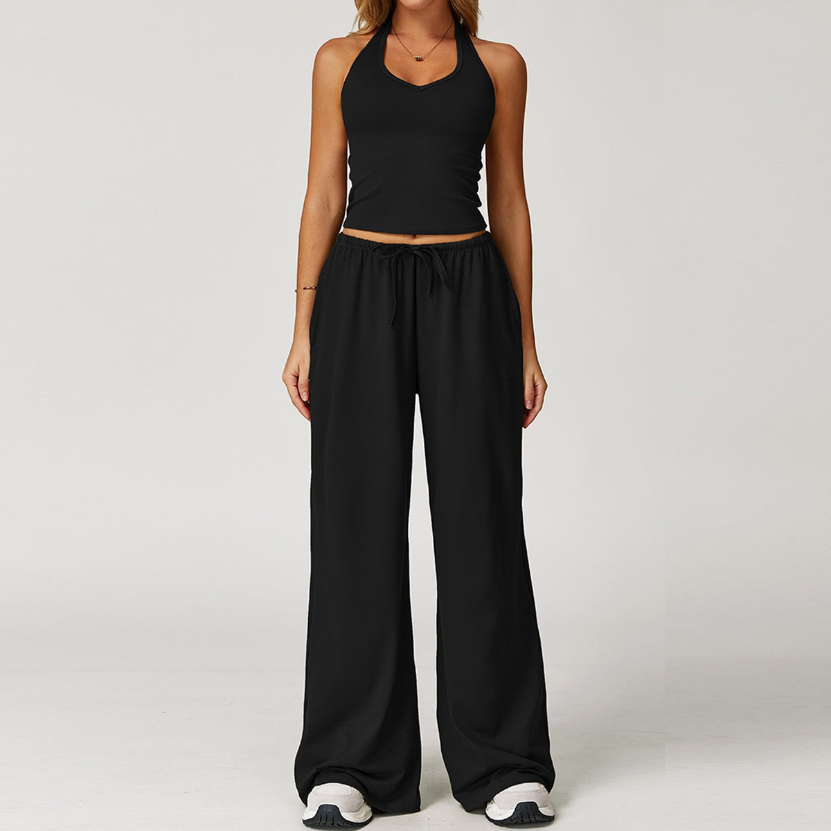 Brushed Halter Tank Drawstring Wide Leg Yoga Set - Black