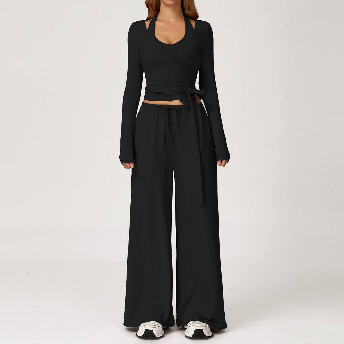 Brushed Halter Tank Drawstring Wide Leg Yoga Set - Black 3-Piece